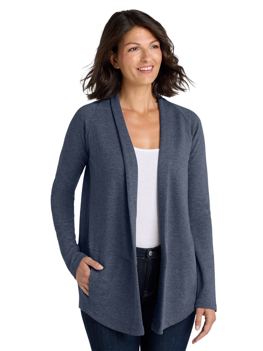 Women's Two-Pocket Interlock Cardigan - L807 - Estate Blue Heather/Charcoal Heather