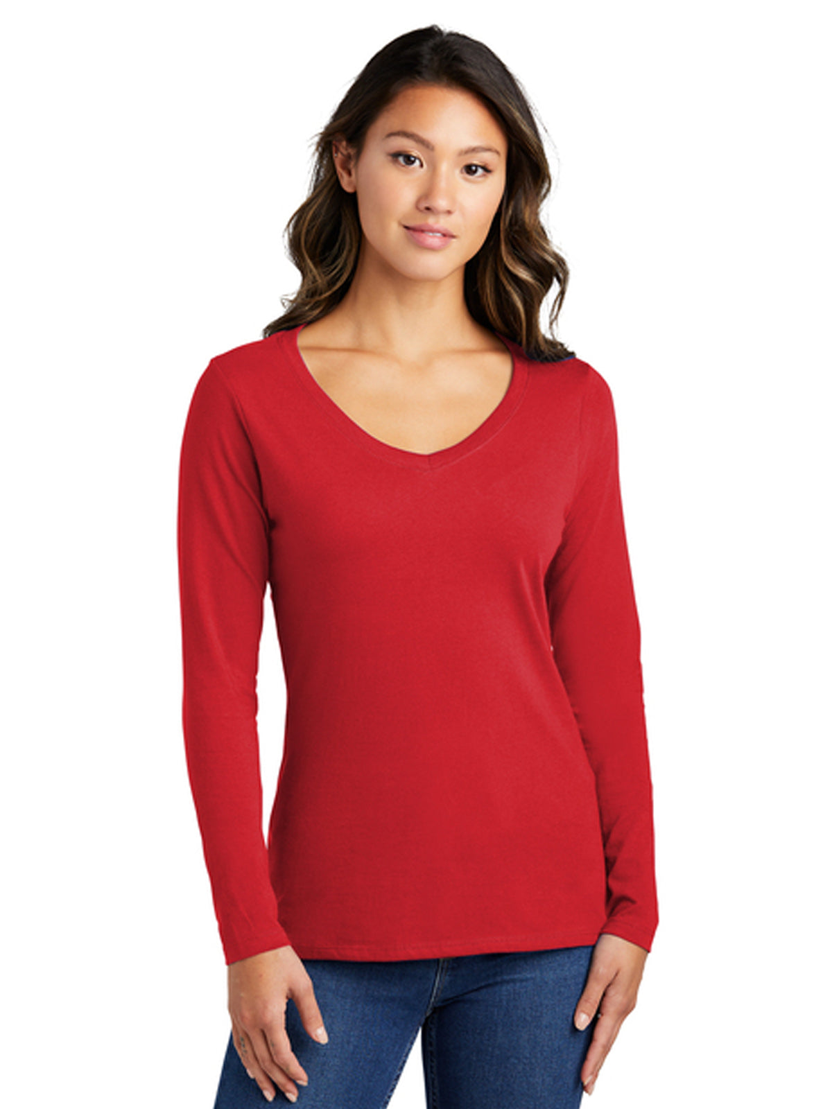 Women's Pocketless Long Sleeve V-Neck Tee - LPC450VLS - Bright Red