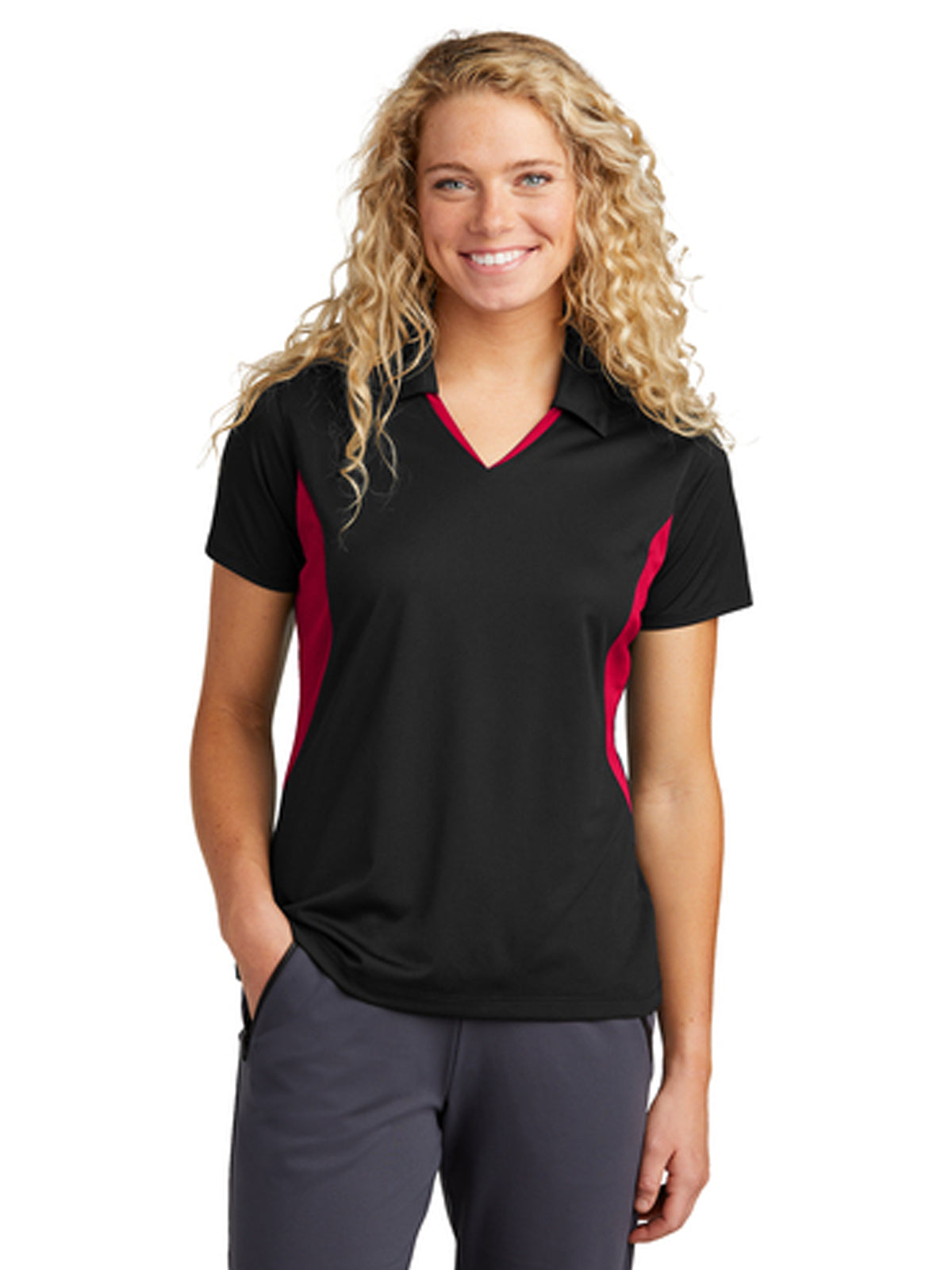 Women's Pocketless Side Blocked Polo Shirt - LST655 - Black/ Deep Red