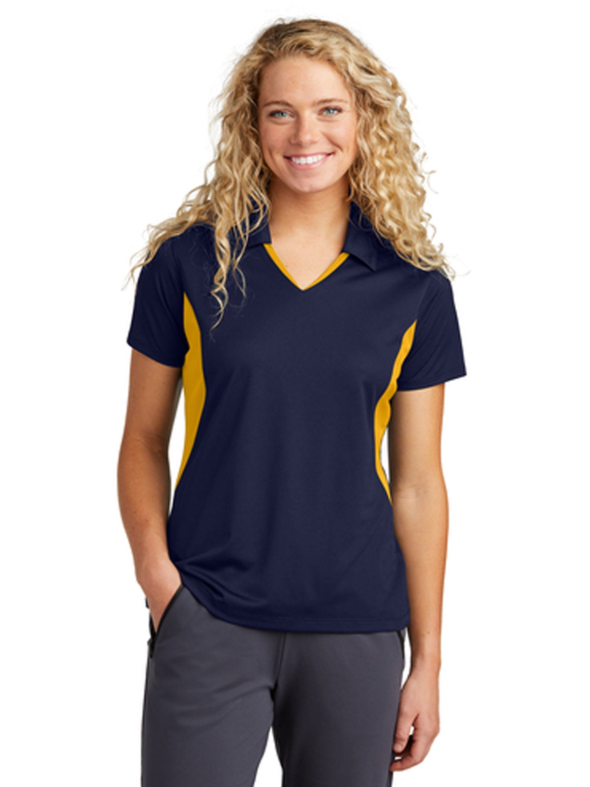 Women's Pocketless Side Blocked Polo Shirt - LST655 - True Navy/ Gold