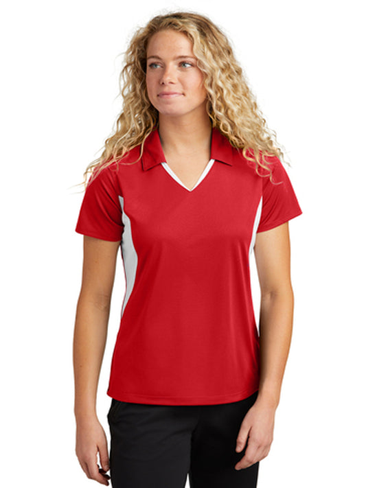 Women's Pocketless Side Blocked Polo Shirt - LST655 - True Red/ White