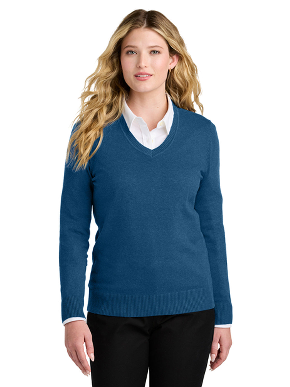 Women's Pocketless V-Neck Sweater - LSW2850 - Aegean Blue Heather