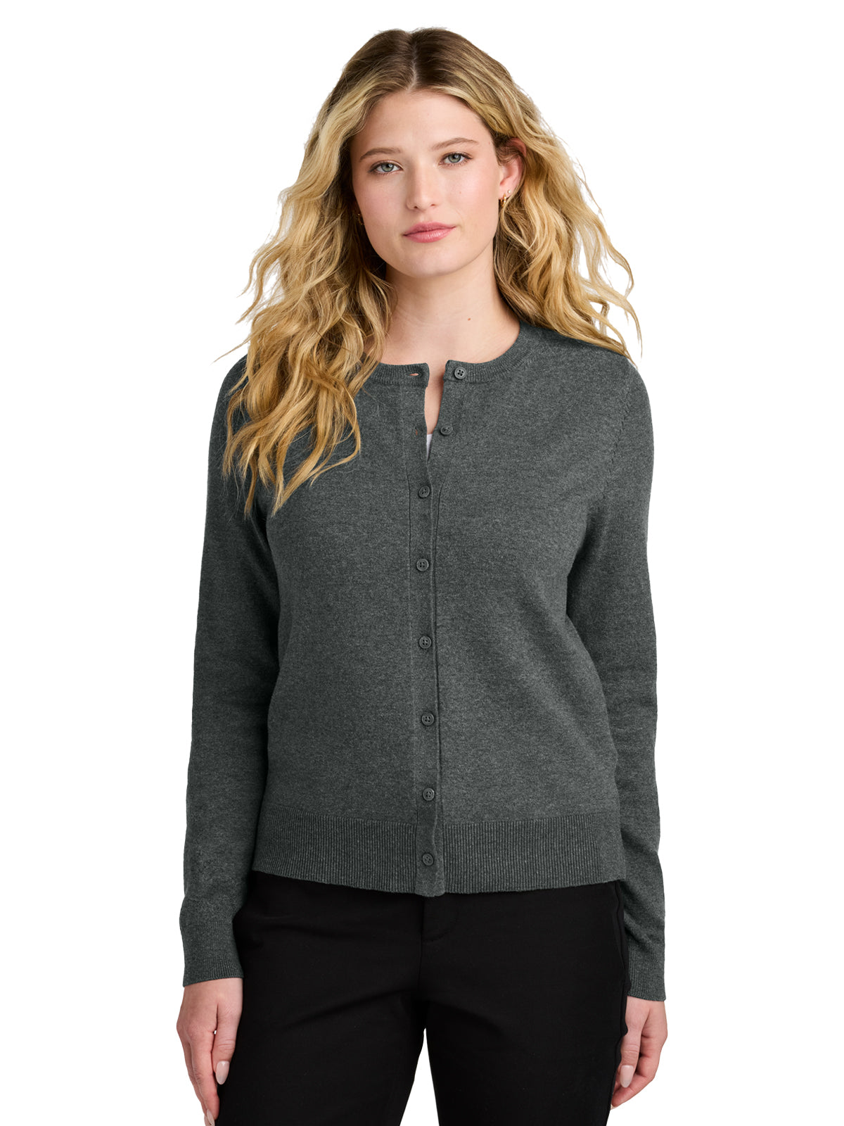 Women's Pocketless Crewneck Cardigan Sweater - LSW2870 - Charcoal Heather
