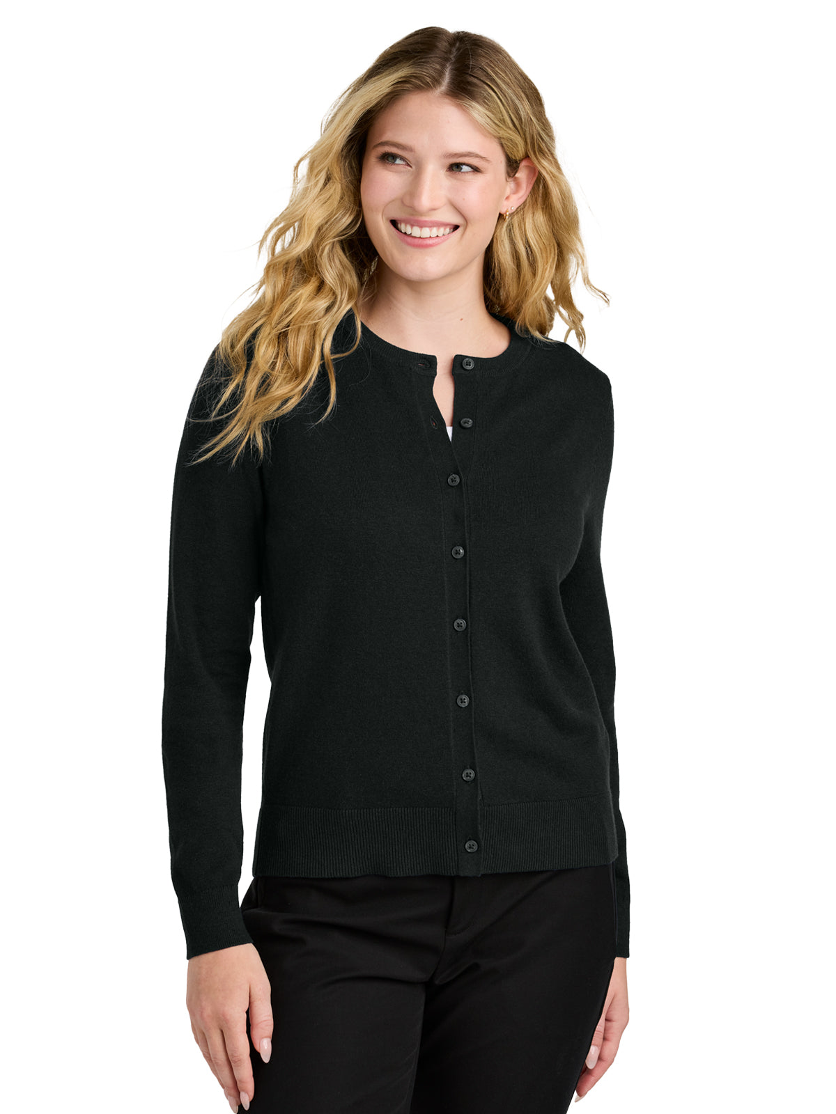 Women's Pocketless Crewneck Cardigan Sweater - LSW2870 - Deep Black