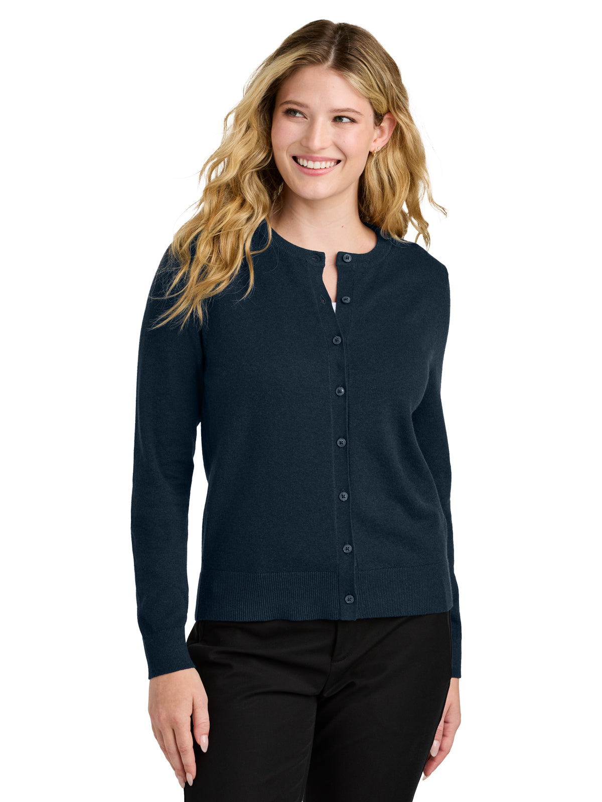 Women's Pocketless Crewneck Cardigan Sweater - LSW2870 - River Blue Navy