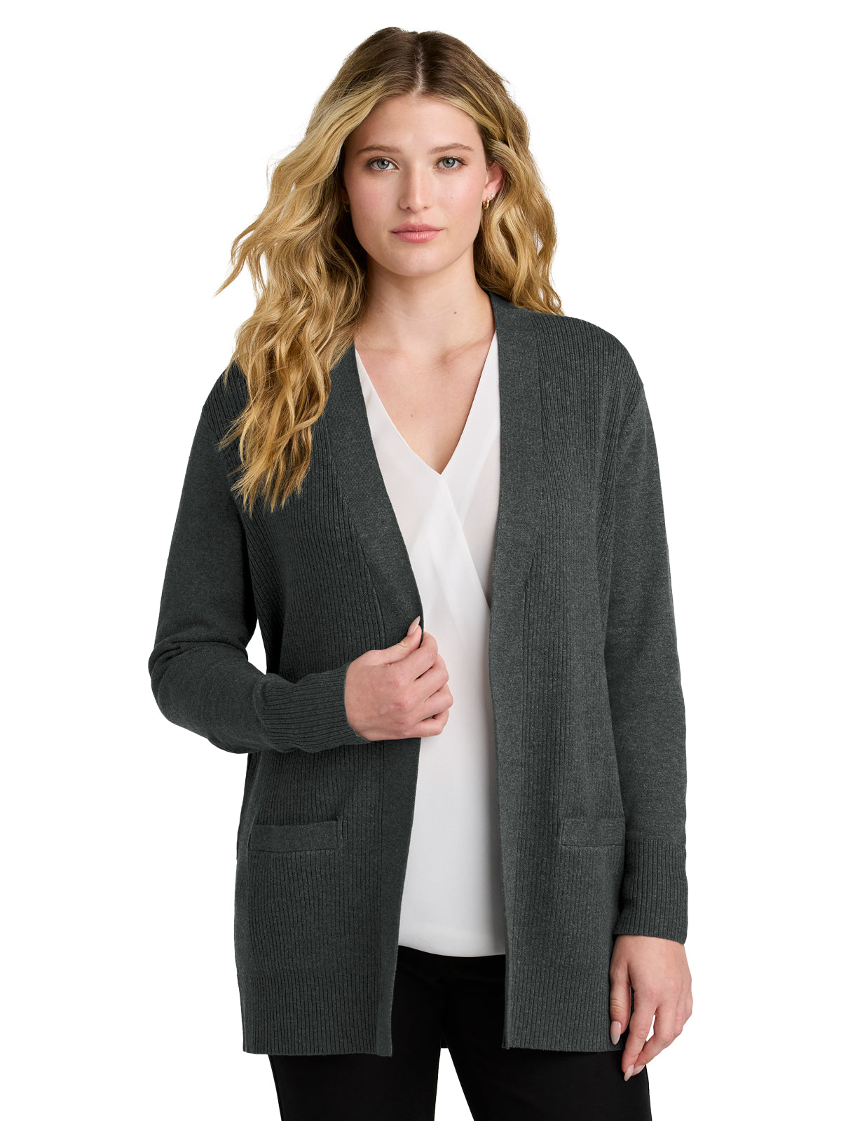 Women’s Two-Pocket Easy Care Open-Front Cardigan Sweater - LSW2890 - Charcoal Heather
