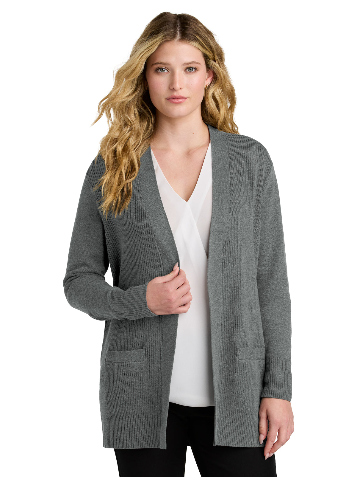 Women’s Two-Pocket Easy Care Open-Front Cardigan Sweater - LSW2890 - Medium Heather Grey