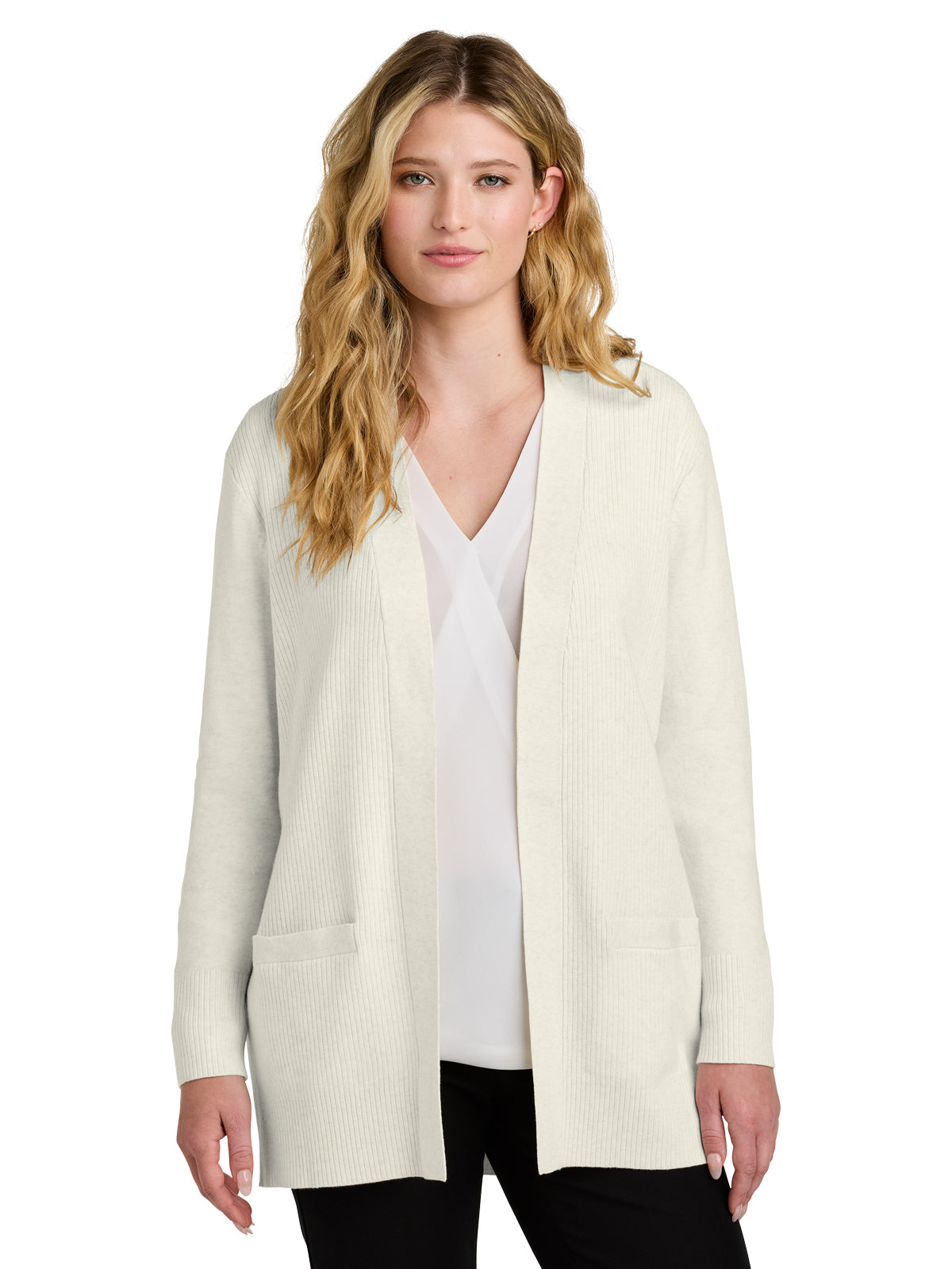 Women’s Two-Pocket Easy Care Open-Front Cardigan Sweater - LSW2890 - Oatmeal Heather