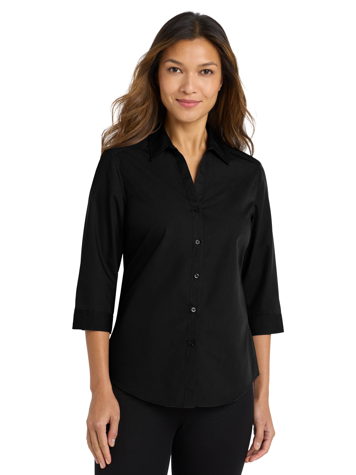 Women's 3/4 Sleeve Button Up Shirt - LW102 - Deep Black