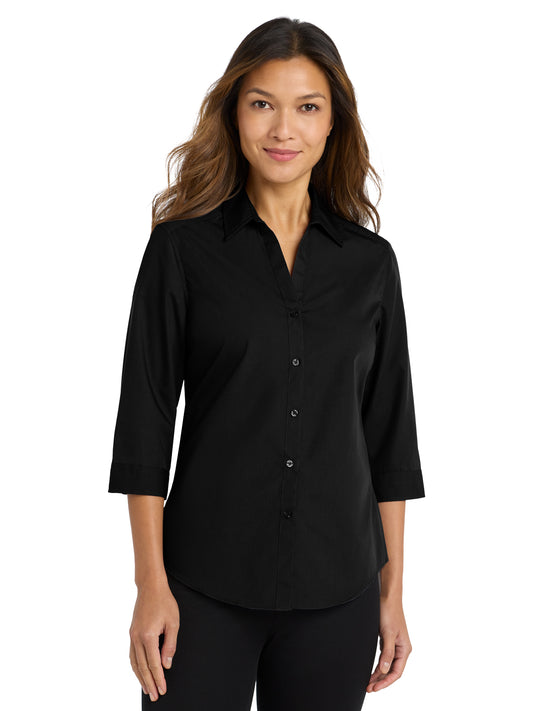 Women's 3/4 Sleeve Button Up Shirt - LW102 - Deep Black