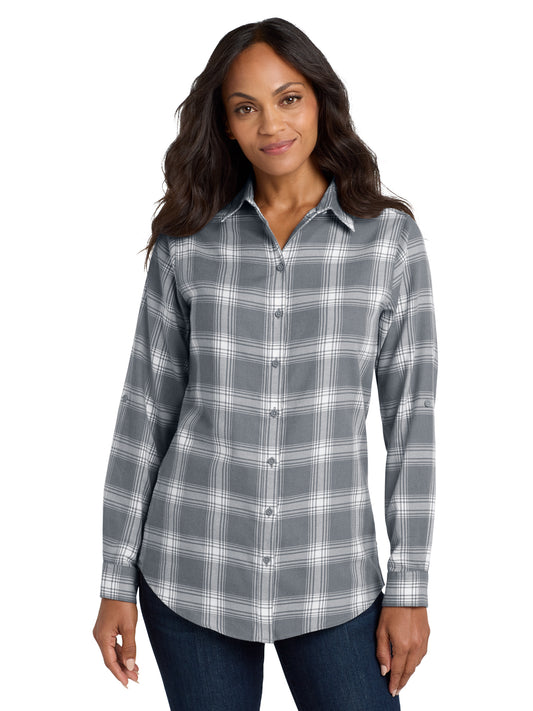Women's Plaid Flannel Shirt - LW668 - Grey/ Cream Open Plaid