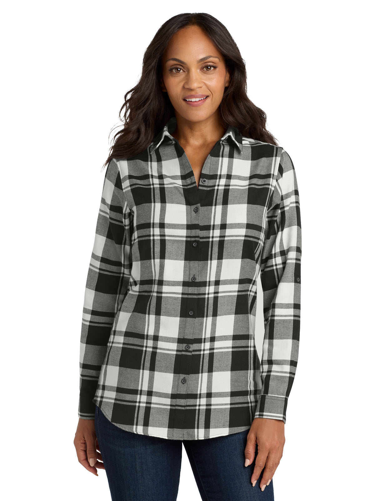 Women's Plaid Flannel Shirt - LW668 - Snow White/Black