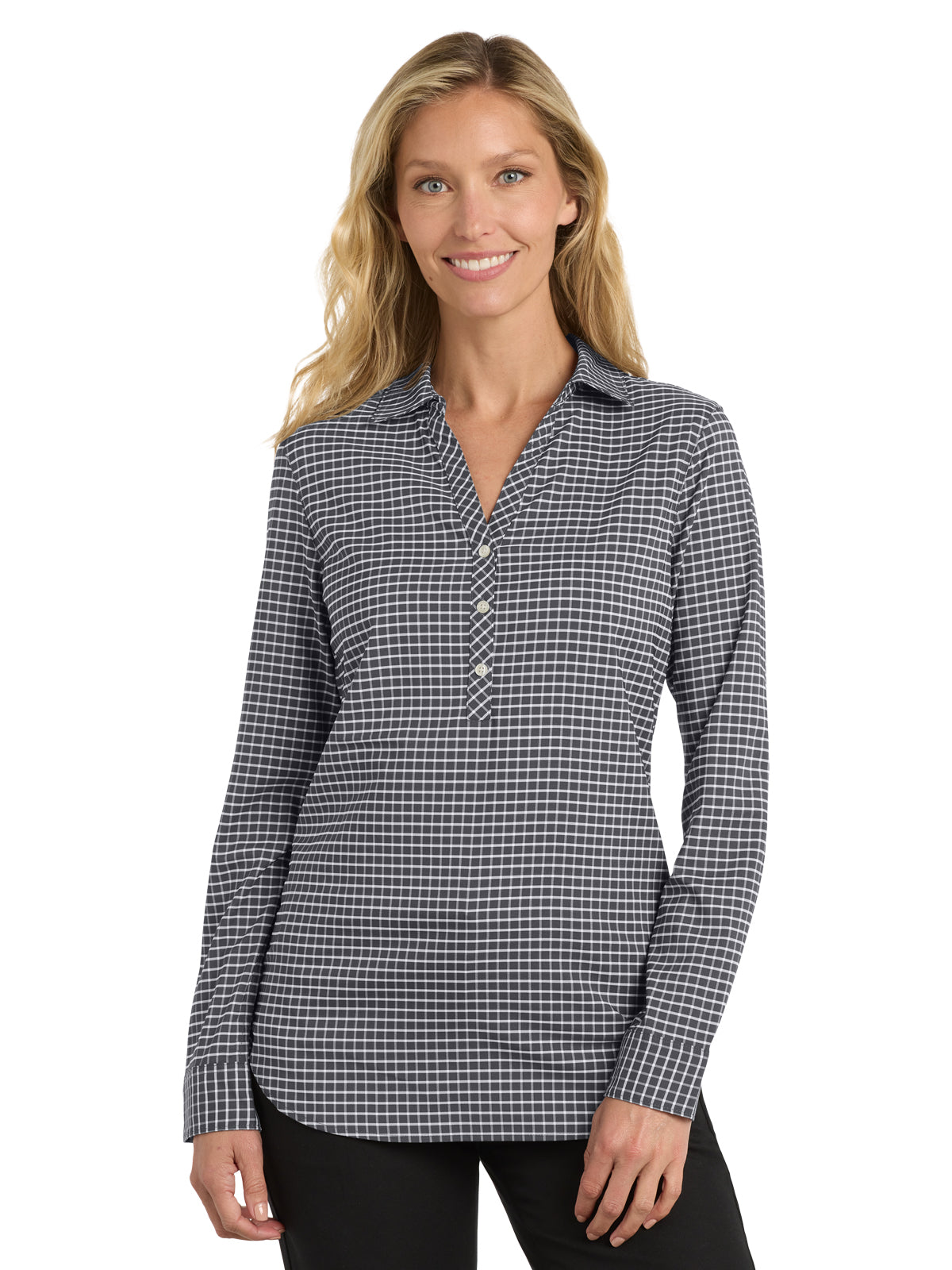 Women's 3 Button V-Neck Stretch Tunic - LW680 - Graphite/White