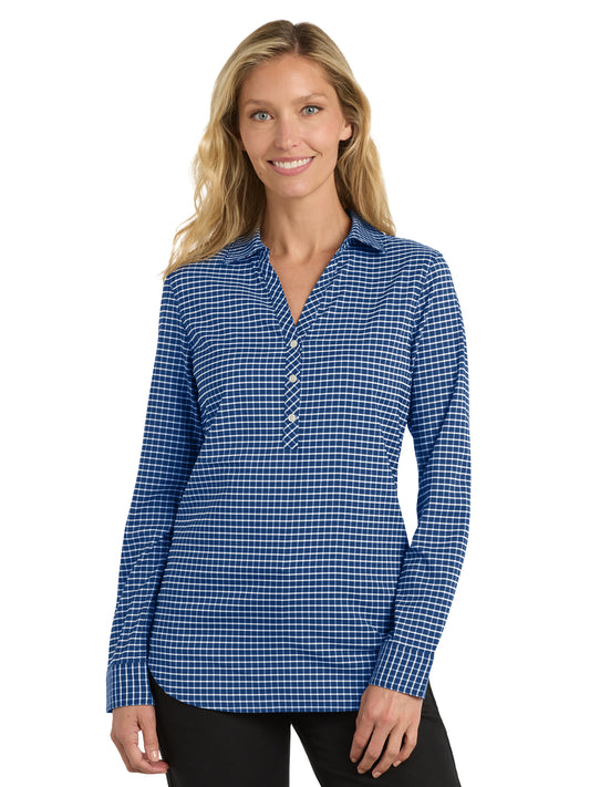 Women's 3 Button V-Neck Stretch Tunic - LW680 - True Blue/ White