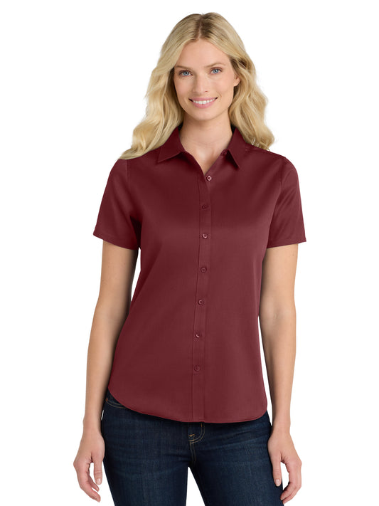 Women's Short Sleeve Button Up Shirt - LW809 - Burgundy