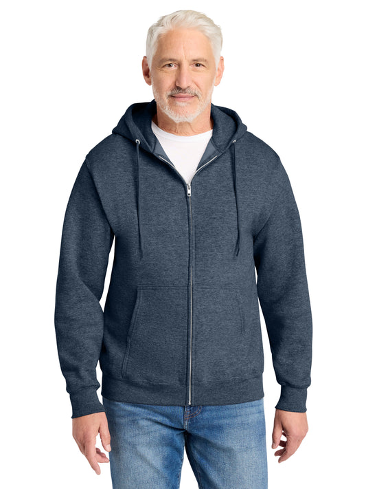 Men's 2-Pocket Core Fleece Full-Zip Hooded Sweatshirt - PC78ZH - Heather Navy