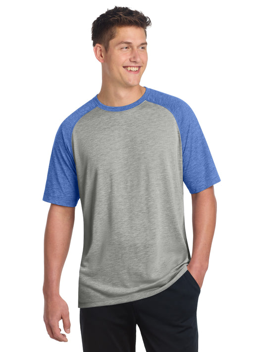 Men's Tri-Blend Wicking Raglan T-Shirt - ST400 - True Royal Heather/Light Grey Heather