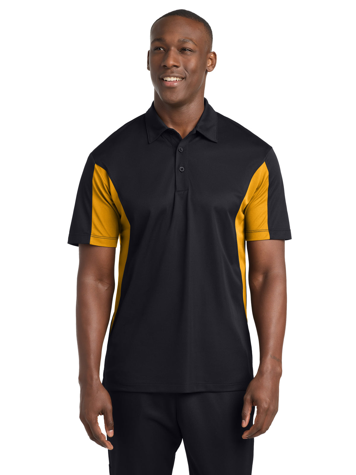 Men's Side Blocked Micropique Sport-Wick Polo - ST655 - Black/Gold