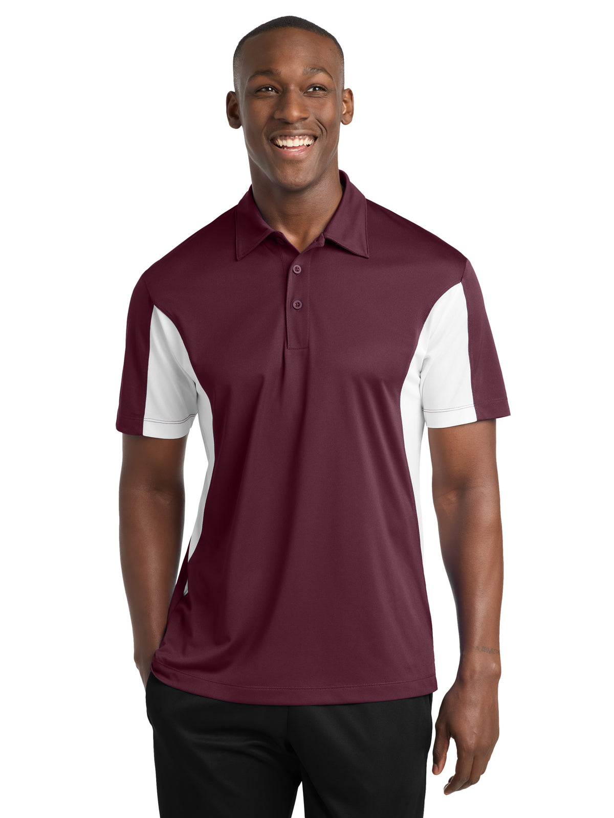 Men's Side Blocked Micropique Sport-Wick Polo - ST655 - Maroon/White
