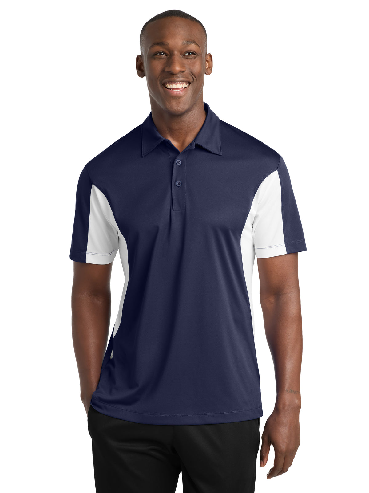 Men's Side Blocked Micropique Sport-Wick Polo - ST655 - True Navy/White