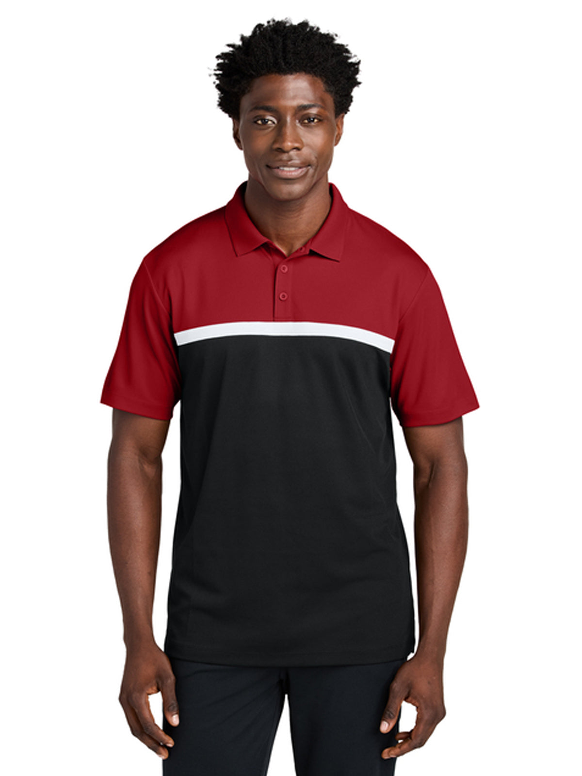 Men's Pocketless Moisture Wicking Colorblock Polo - ST741 - Deep Red/ Black/ White