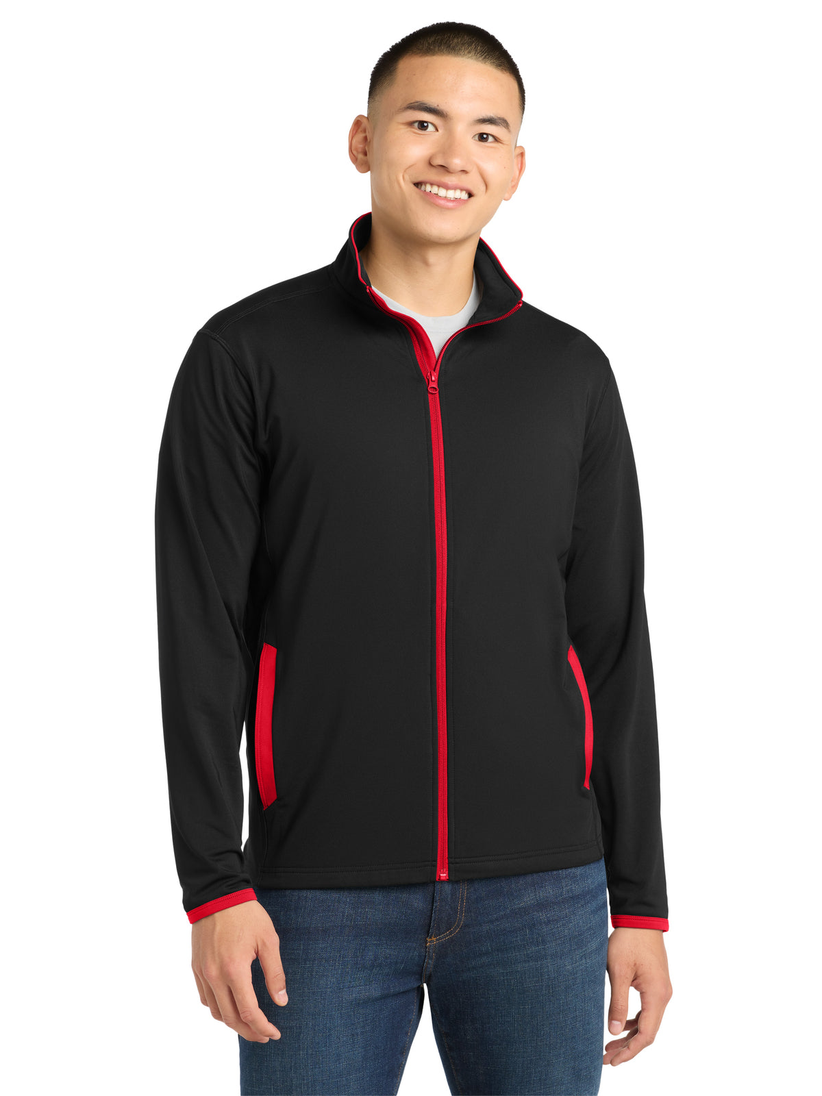 Men's Stretch Contrast Full-Zip Jacket - ST853 - Black/True Red