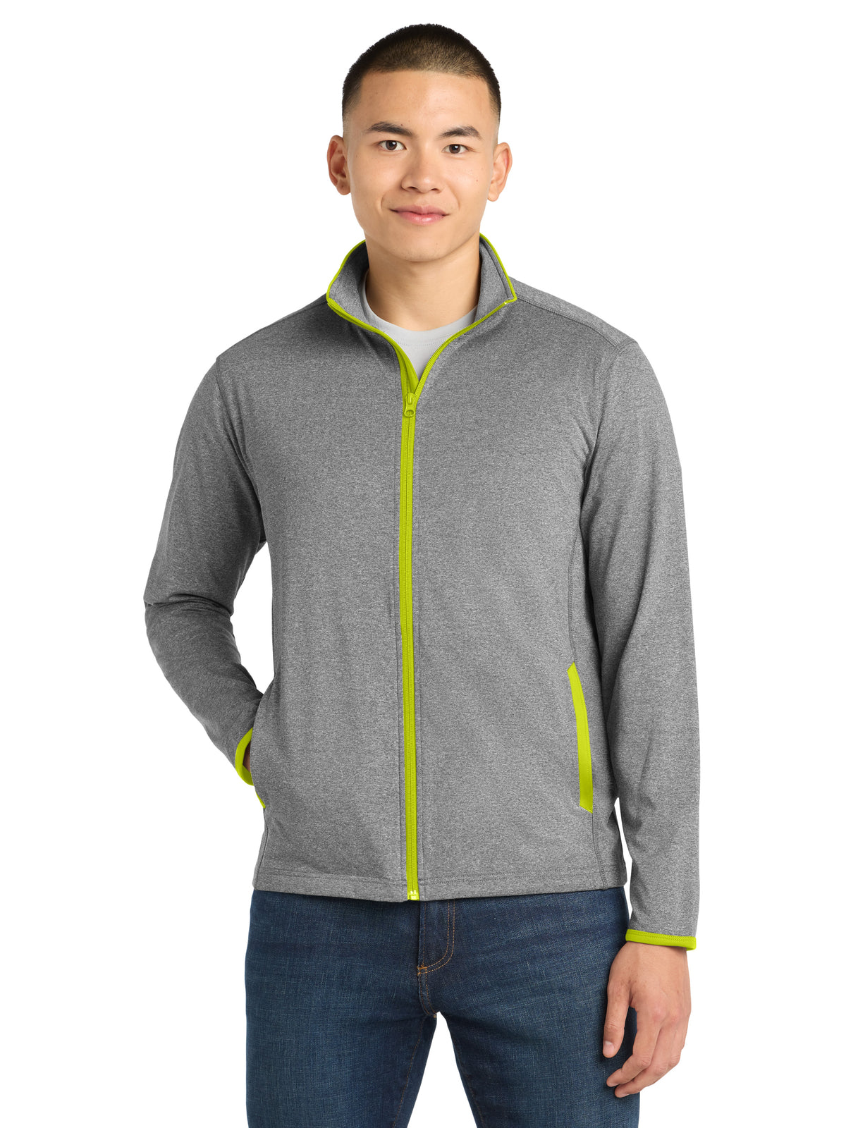 Men's Stretch Contrast Full-Zip Jacket - ST853 - Charcoal Grey Heather/Charge Green