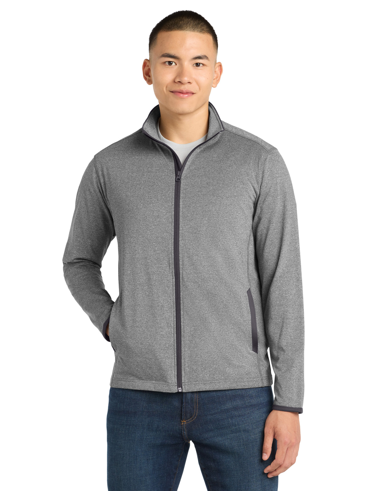Men's Stretch Contrast Full-Zip Jacket - ST853 - Charcoal Grey Heather/Charcoal Grey