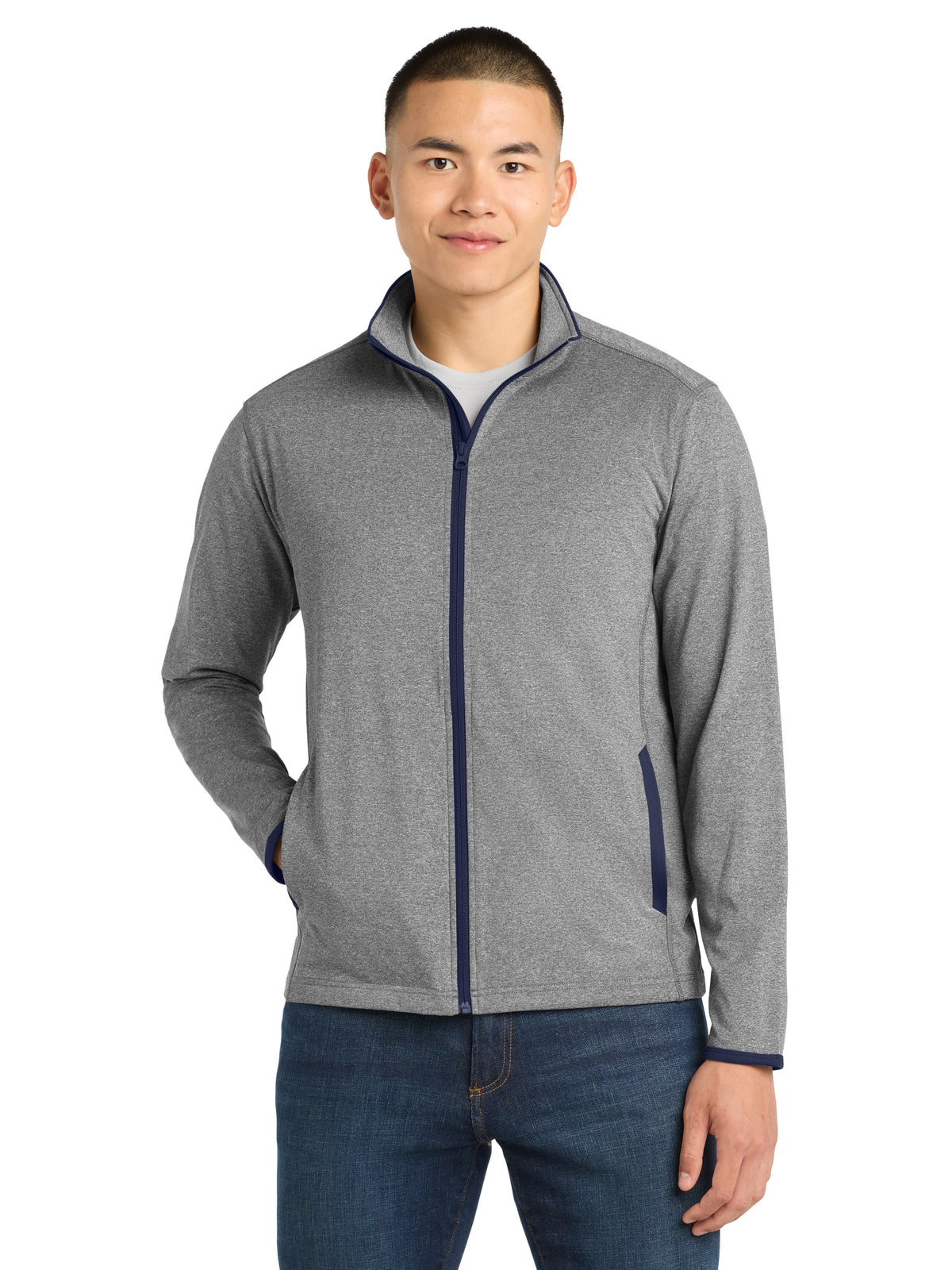 Men's Stretch Contrast Full-Zip Jacket - ST853 - Charcoal Grey Heather/True Navy