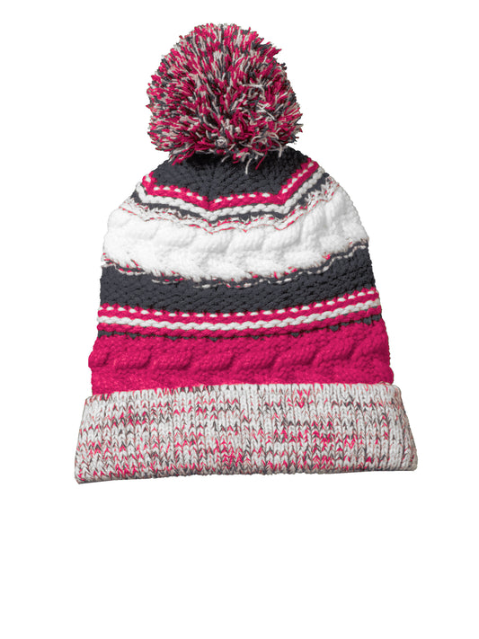 Unisex Pom Pom Team Beanie - STC21 - Pink Raspberry/Iron Grey/White