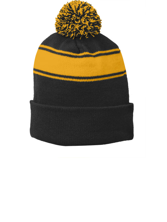 Unisex Stripe Pom Pom Beanie - STC28 - Black/Gold