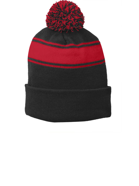 Unisex Stripe Pom Pom Beanie - STC28 - Black/True Red