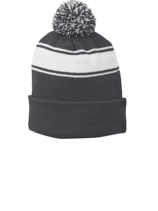 Unisex Stripe Pom Pom Beanie - STC28 - Iron Grey/White