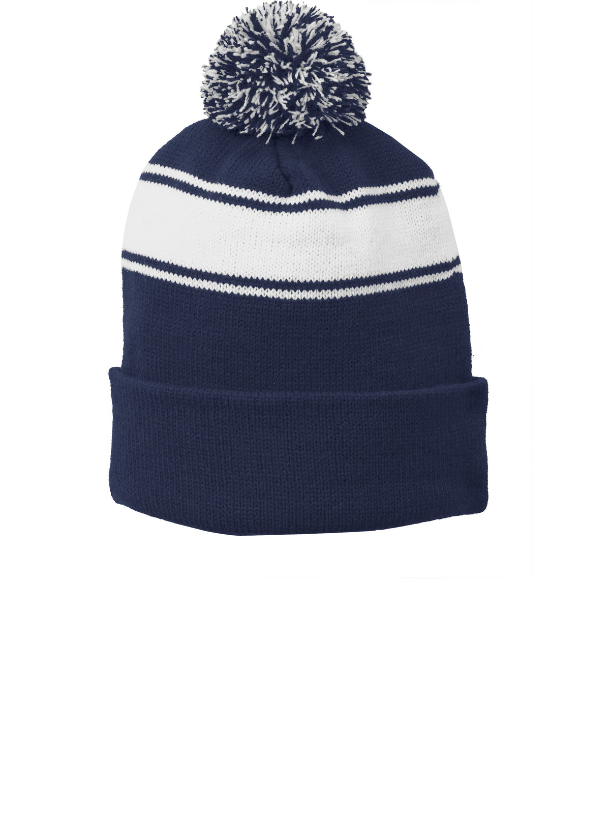 Unisex Stripe Pom Pom Beanie - STC28 - True Navy/White
