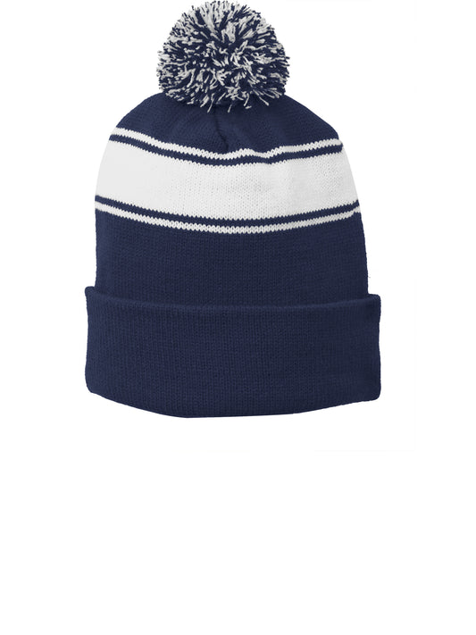 Unisex Stripe Pom Pom Beanie - STC28 - True Navy/White
