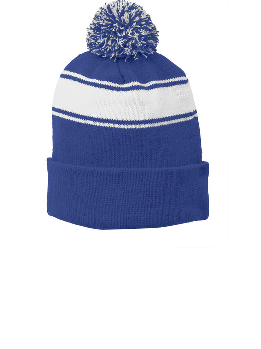 Unisex Stripe Pom Pom Beanie - STC28 - True Royal/White