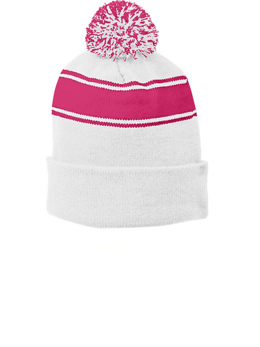 Unisex Stripe Pom Pom Beanie - STC28 - White/Pink Raspberry