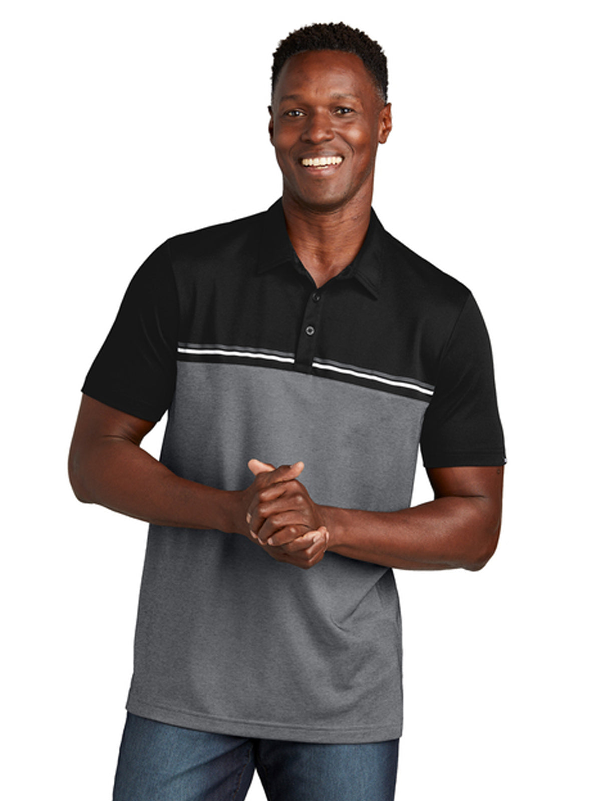 Men's Pocketless Sunset Blocked Polo - TM1MY401 - Black/ Dark Grey Heather
