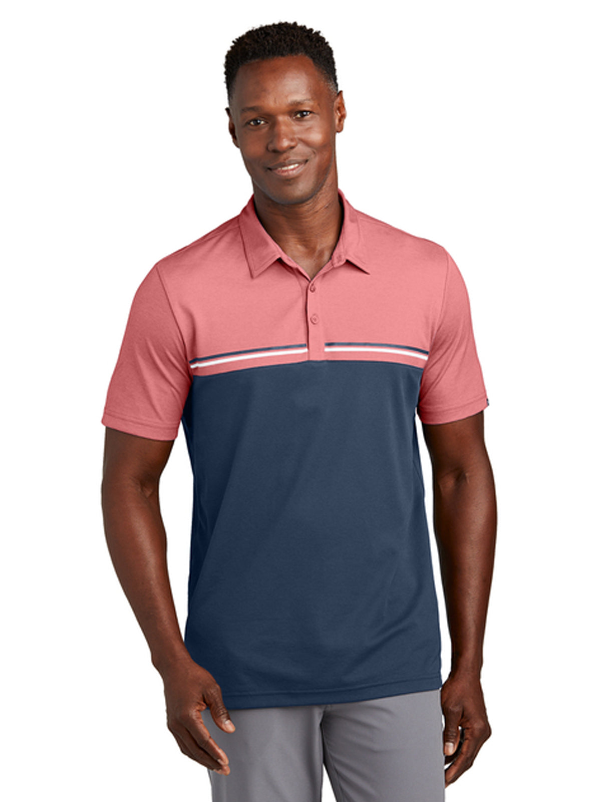 Men's Pocketless Sunset Blocked Polo - TM1MY401 - Cardinal Heather/ Blue Nights