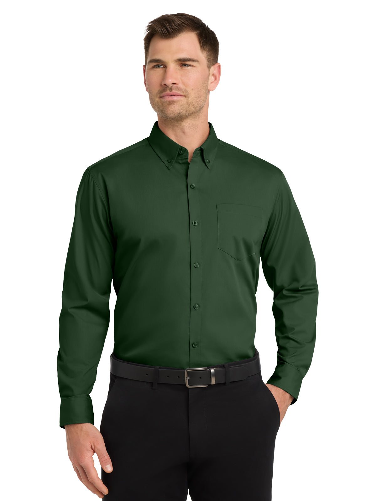 Men's 1-Pocket Long Sleeve Poplin Shirt - W100 - Deep Forest Green