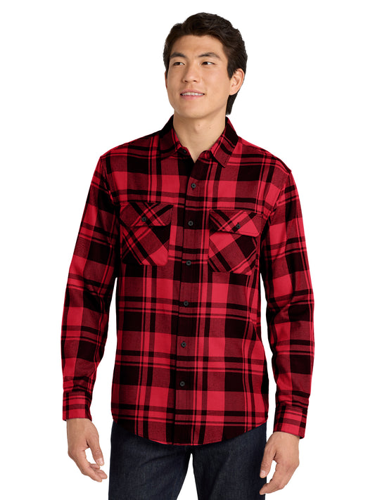 Men's Plaid Flannel Shirt - W668 - Engine Red/Black