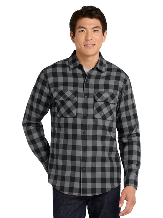 Men's Plaid Flannel Shirt - W668 - Grey/ Black Buffalo Check