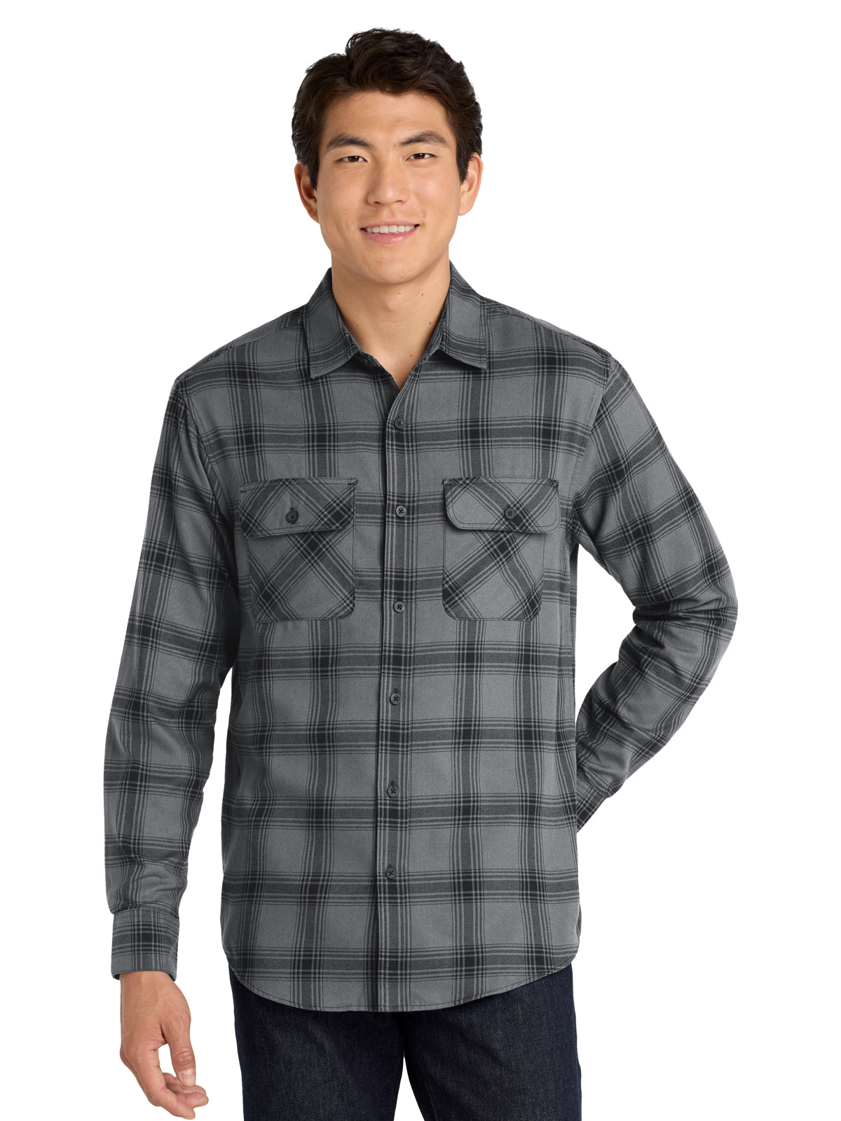 Men's Plaid Flannel Shirt - W668 - Grey/ Black Open Plaid