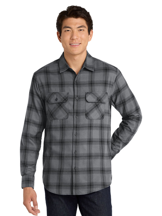 Men's Plaid Flannel Shirt - W668 - Grey/ Black Open Plaid