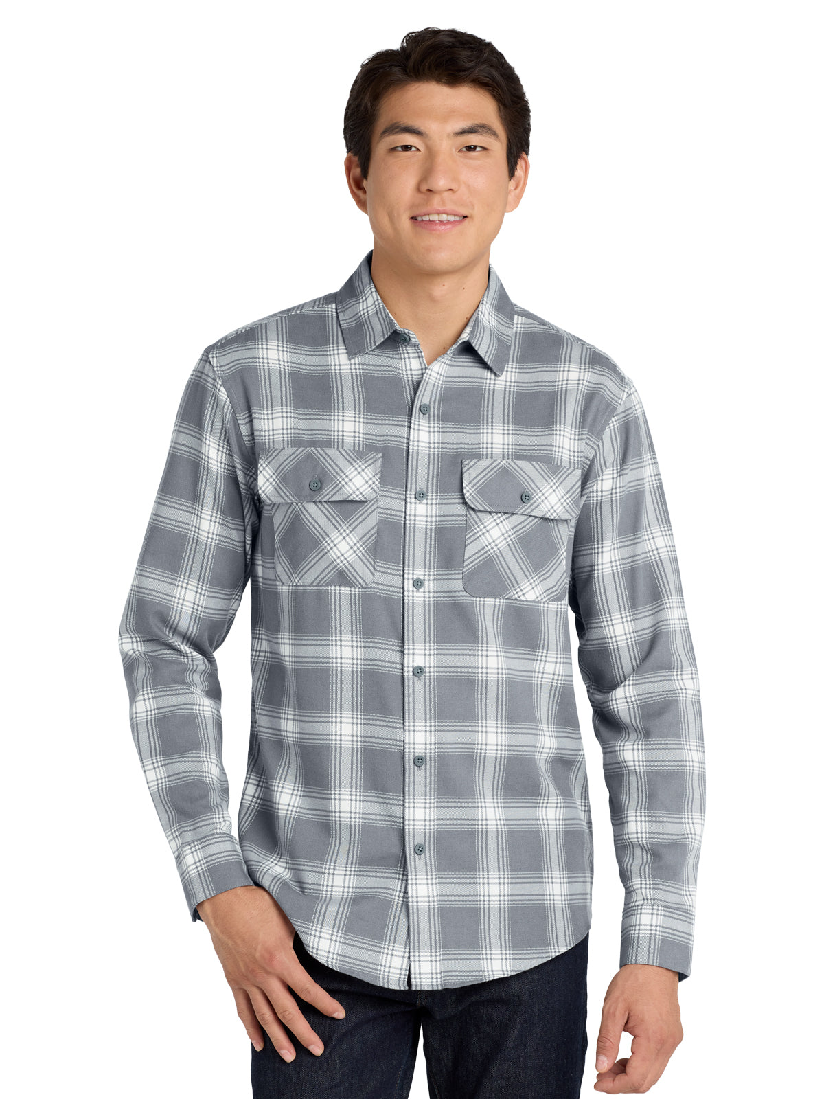 Men's Plaid Flannel Shirt - W668 - Grey/ Cream Open Plaid