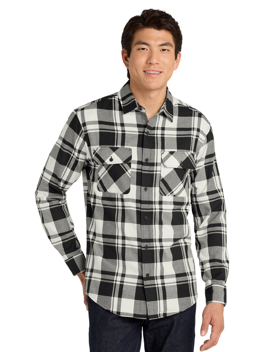 Men's Plaid Flannel Shirt - W668 - Snow White/Black