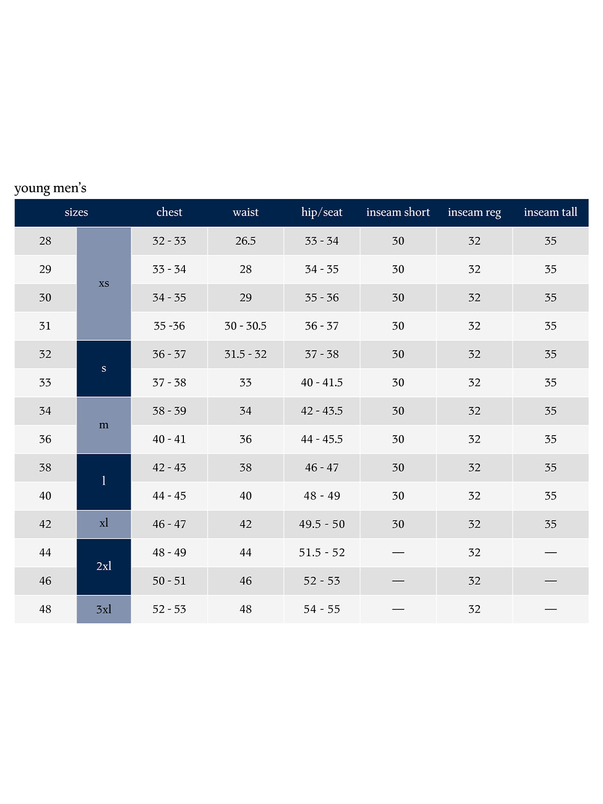 SIZECHART