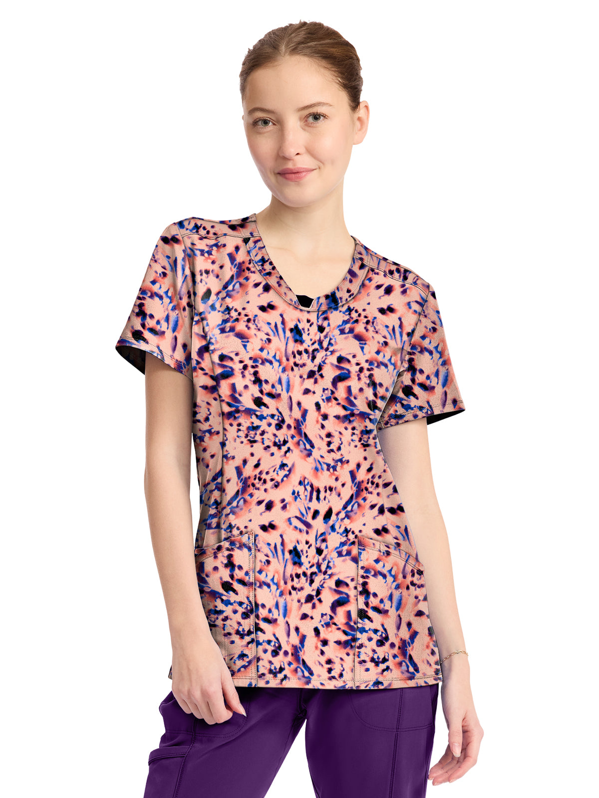 Women's 3-Pocket Round Neck Print Top - CK609 - Leopard Blur