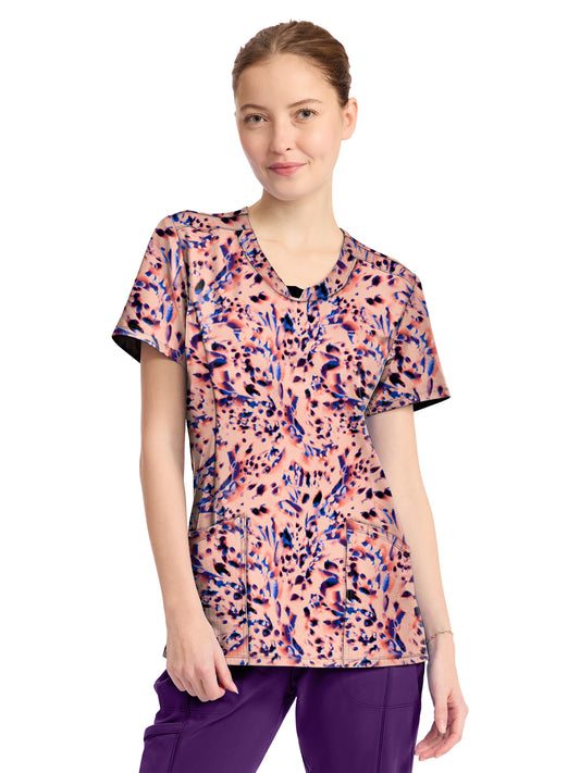 Women's 3-Pocket Round Neck Print Top - CK609 - Leopard Blur