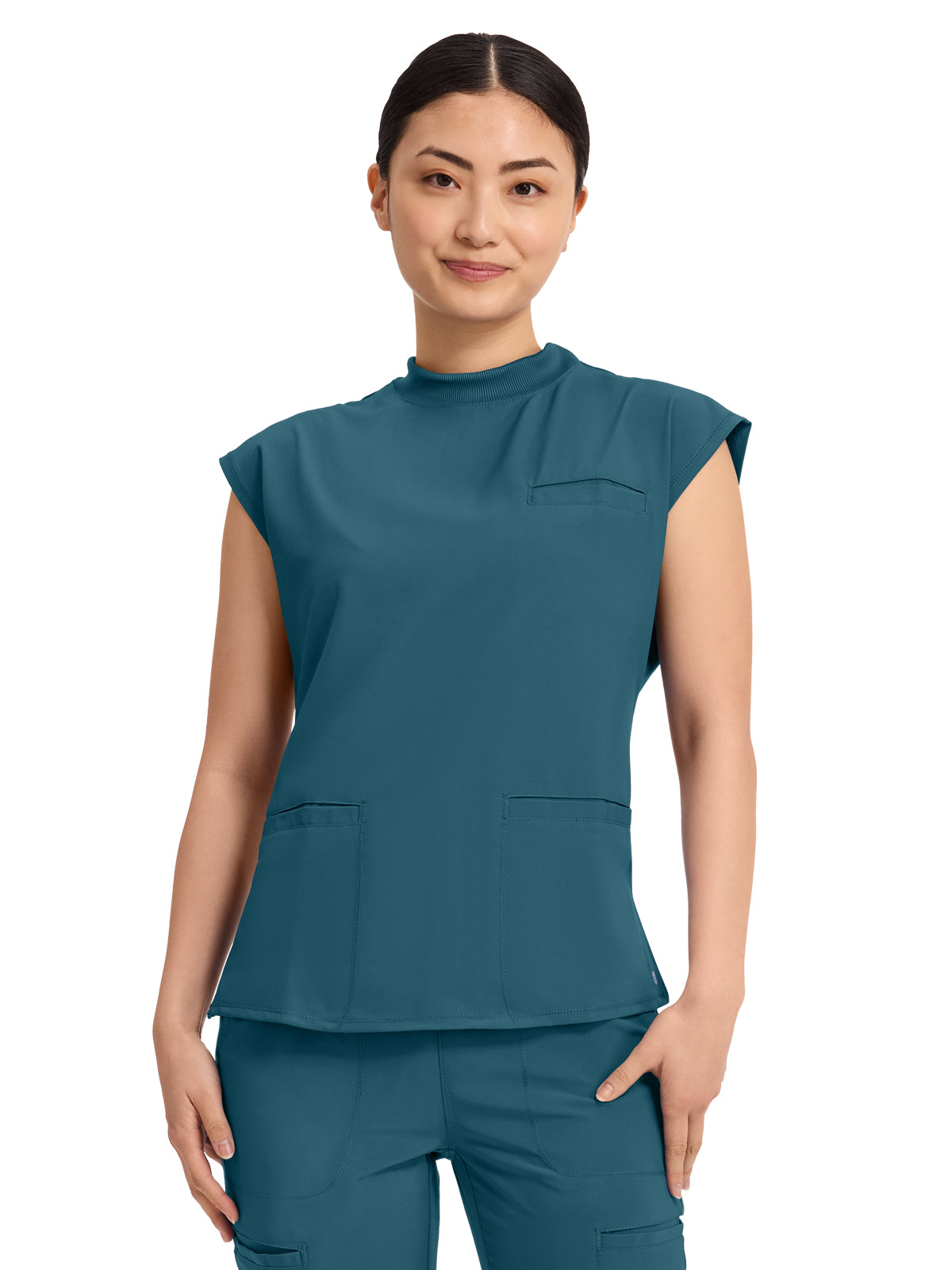 Women's 4-Pocket Mock Neck Top - CK742A - Caribbean Blue